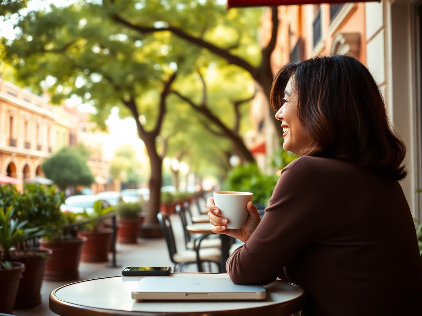 Huésped de espaldas sonriendo mientras trabaja y toma café en la terraza de un café arbolado de la Condesa